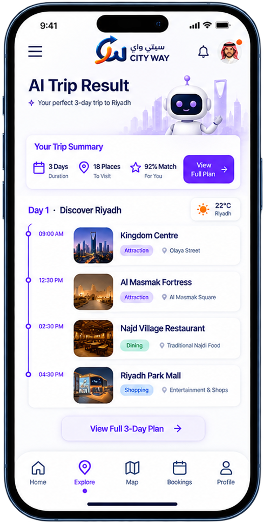 AI City Assistant Get smart recommendations and personalized guidance across Saudi cities