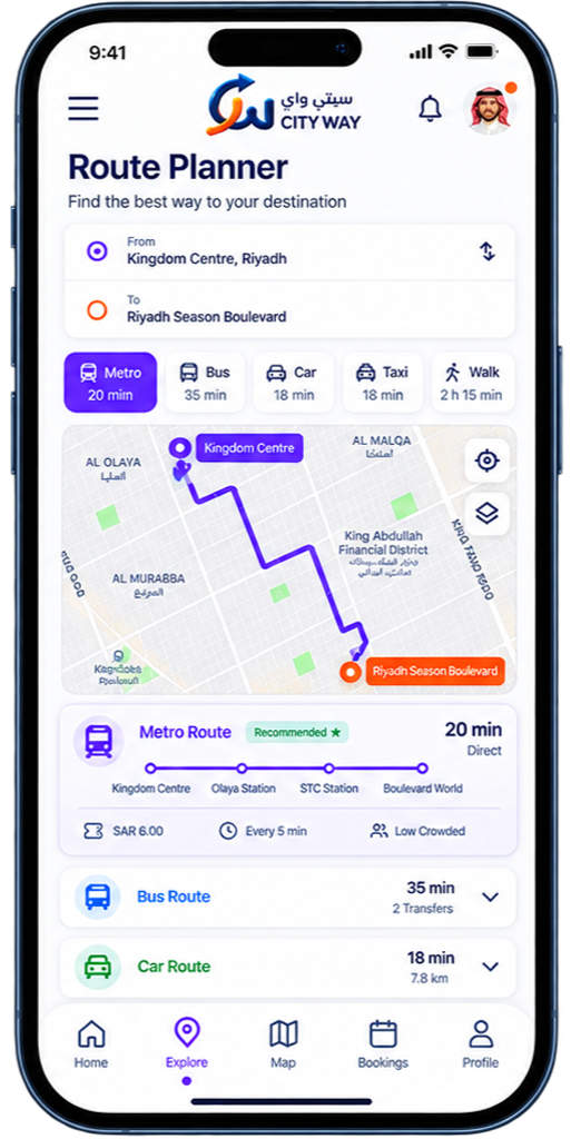 Navigate with Ease Get smart recommendations and personalized guidance across Saudi cities